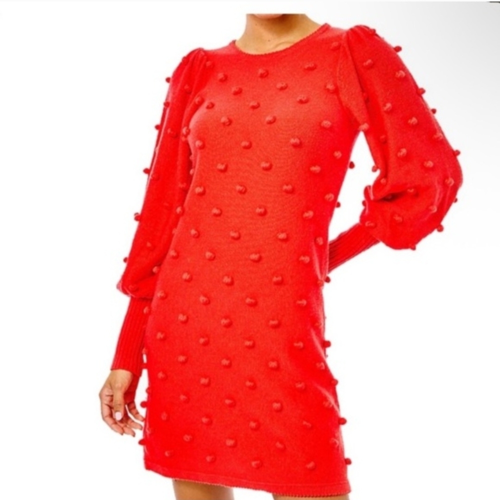 Lilly Pulitzer Red Pom Pom Textured Knit Sweater Dress Puff Sleeves